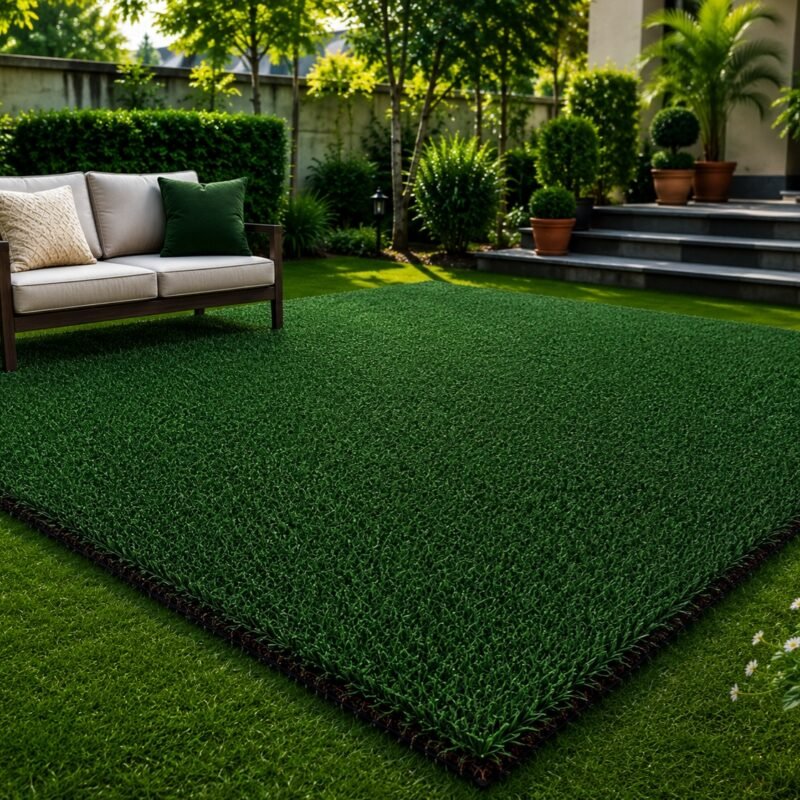 Linus green synthetic mono grass carpet roll ready for installation