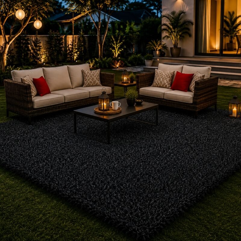 Top view of Linus black mono grass carpet showing uniform blade pattern