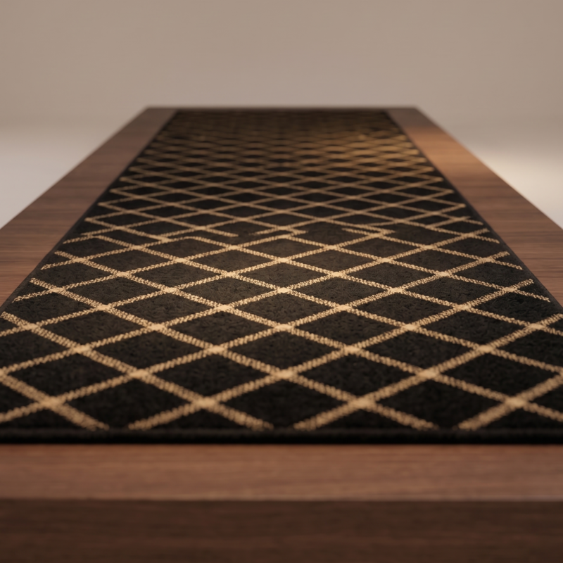 Black and golden line runner rug, flat lay view