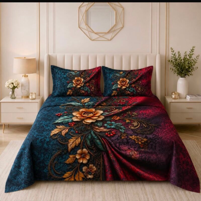 Linus Royal Floral Bed Sheet – Teal Blue & Burgundy