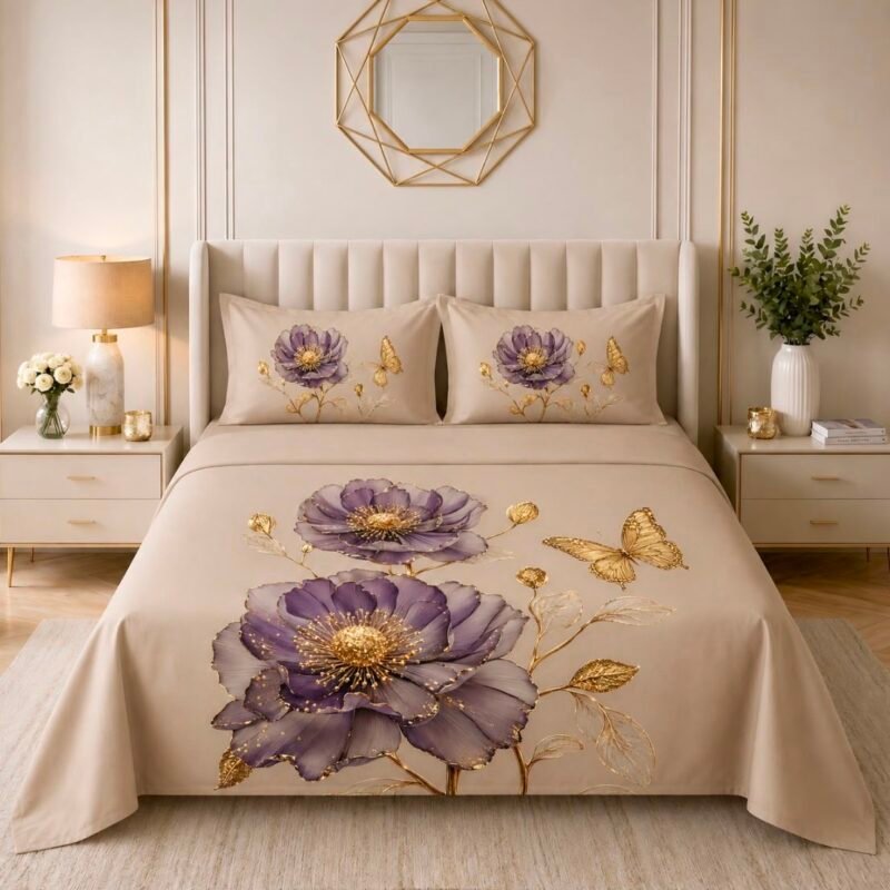 Linus Floral Purple Bed Sheet – Ivory Beige & Lavender Purple