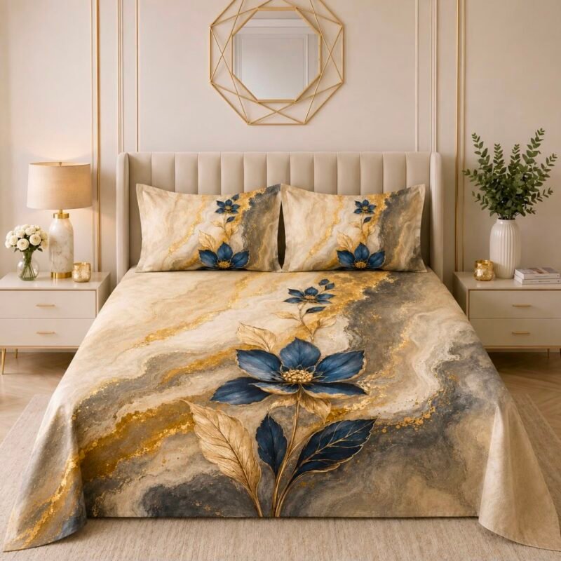 Linus Floral Marble Bed Sheet – Champagne Beige & Navy Blue
