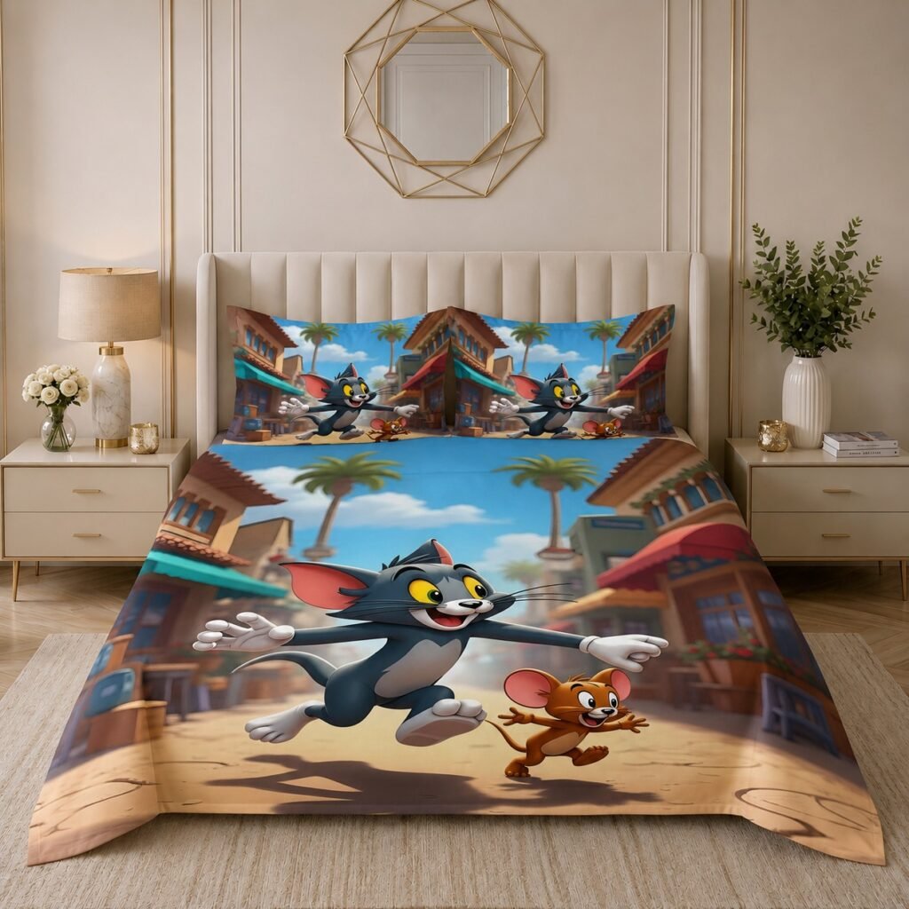 Linus Cartoon Design Bed Sheet – Sky Blue & Sand Beige